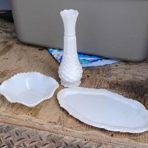 White Milk Glass Vase and Dishes Set